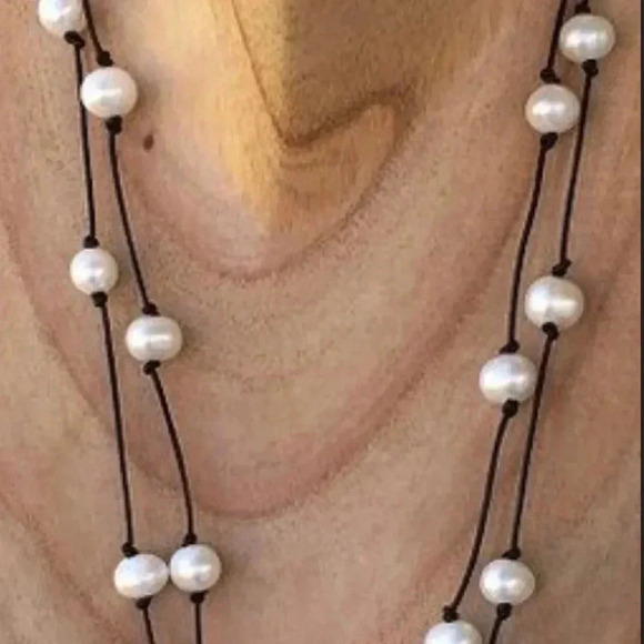 Leather and Pearls,White Cultured Freshwater Pearls ,June Birthday, - Picture 2 of 6